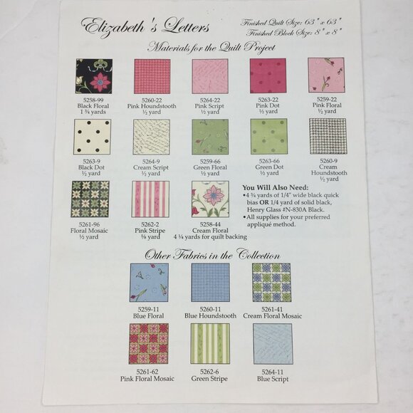 Henry Glass & Co Elizabeths Letters Quilt Pattern 63" x 63" Roses - Picture 5 of 5